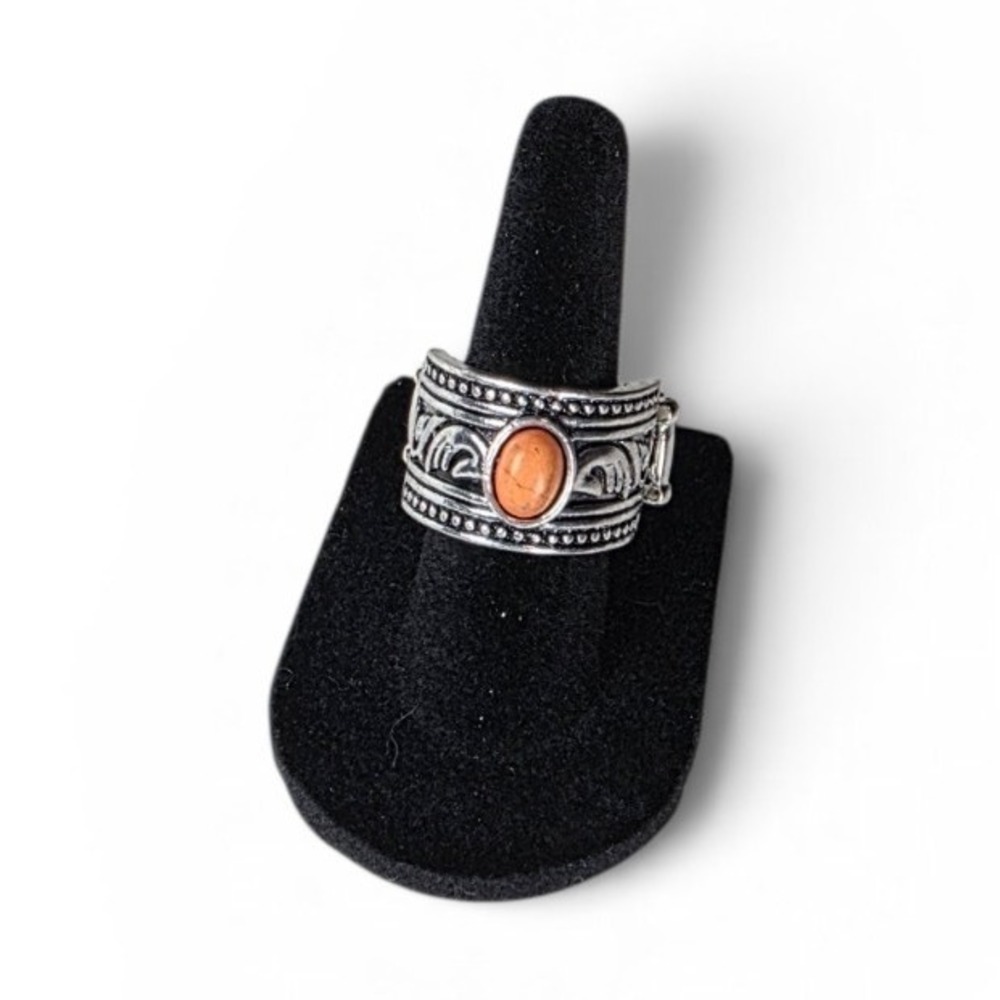 Vintage Adjustable orange Coral Indie ring featuring textured silver Band Sz 8.5